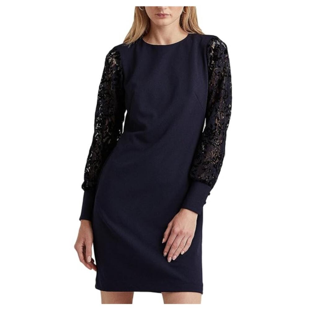 Ralph Lauren Long Sleeve Sheath Lace and Crepe Cocktail Dress Navy Blue Size 4